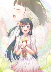 Rule 34 | 2girls, :d, alt text, black eyes, black hair, blush, bow, bright09, commentary, corset, crown, dress, earrings, floral background, flower, flower request, hair bow, highres, holding, holding flower, jewelry, kusunoki tomori, lens flare, long hair, looking at viewer, love live!, love live! nijigasaki high school idol club, mini crown, multiple girls, one side up, open mouth, petals, single earring, smile, straight-on, thank you, voice actor, voice actor connection, white corset, white dress, yuki setsuna (love live!)