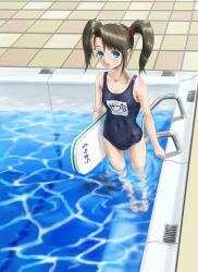 Rule 34 | 1girl, barefoot, blue eyes, blush, brown hair, flat chest, from above, kickboard, looking at viewer, name tag, one-piece swimsuit, original, pool, pool ladder, poolside, rasukaru, school swimsuit, solo, standing, swimsuit, tile floor, tiles, twintails, wading, water