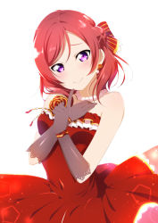 Rule 34 | 1girl, bare shoulders, black gloves, blush, collarbone, dress, earrings, frilled dress, frills, gloves, highres, jewelry, looking at viewer, love live!, love live! school idol festival, love live! school idol project, medium hair, necklace, nishikino maki, pearl necklace, purple eyes, red dress, red hair, sidelocks, simple background, smile, solo, strapless, strapless dress, white background, yu-ta