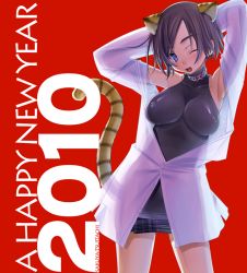Rule 34 | 10s, 1girl, 2010, animal ears, armpits, arms behind head, black hair, blue eyes, blush, breasts, collar, english text, impossible clothes, impossible shirt, large breasts, new year, one eye closed, original, sakuya tsuitachi, see-through, shirt, short hair, skirt, solo, tail, tiger ears, tiger tail, unbuttoned, wink