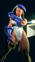 Rule 34 | 1girl, 3d, alternate color, alternate skin color, antenna hair, bare shoulders, blonde hair, blue eyes, blue gloves, blue hat, braid, breasts, cammy white, clenched hand, covered navel, curvy, dark skin, gloves, groin, hat, highleg, highleg leotard, highres, large breasts, leotard, lips, long hair, ryona, screencap, shiny clothes, solo, street fighter, street fighter v, thighs, third-party edit, thong leotard, twin braids, very long hair, white leotard, wide hips