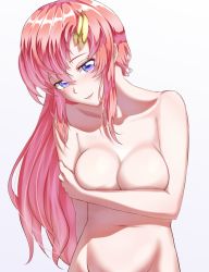 Rule 34 | 1girl, blush, breasts, closed mouth, collarbone, completely nude, covering privates, covering breasts, groin, gundam, gundam seed, hair between eyes, lacus clyne, long hair, looking at viewer, medium breasts, navel, niaru (r2pi), nude, out-of-frame censoring, pink hair, purple eyes, simple background, smile, solo, upper body, very long hair, white background