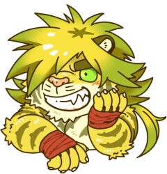 Rule 34 | 1boy, animal ears, bara, blush, chibi, colored sclera, cropped torso, elbow rest, furry, furry male, green sclera, grin, hair over one eye, large pectorals, long hair, looking away, lowres, macan (housamo), male focus, muscular, muscular male, nude, pectoral squeeze, pectorals, smile, solo, thick eyebrows, tiger boy, tiger ears, tokyo houkago summoners, yellow fur, yukashita