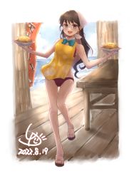 Rule 34 | 1girl, adapted costume, apron, beach, bikini, black hair, breasts, colored inner hair, dated, day, detached collar, fang, flag, food, fried rice, full body, head scarf, kantai collection, ld (luna dial398), long hair, medium breasts, multicolored hair, naganami (kancolle), ocean, open mouth, pink hair, purple bikini, restaurant, sandals, signature, smile, solo, swimsuit, table, two-tone hair, waitress, water, wavy hair, white background, yellow apron