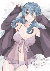 Rule 34 | 1girl, absurdres, babydoll, black jacket, blue eyes, blue hair, commentary request, cowboy shot, dated, gotland (kancolle), grey babydoll, grey panties, highres, jacket, kantai collection, long hair, looking at viewer, lying, mole, mole under eye, one-hour drawing challenge, one eye closed, panties, solo, toriniku senshi chikinman, twitter username, underwear