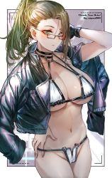 Rule 34 | 1girl, bikini, black jacket, breasts, brown hair, commentary request, glasses, gradient hair, green eyes, green hair, hand on own hip, high ponytail, highres, jacket, jacket on shoulders, large breasts, multicolored hair, navel, original, signo aaa, single sidelock, solo, swimsuit, thighs, underboob