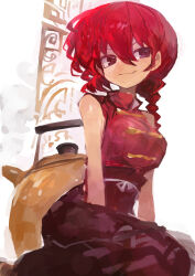 1girl absurdres braid breasts chinese_clothes closed_mouth commentary highres kaamin_(mariarose753) kettle large_breasts long_hair ranma-chan ranma_1/2 red_eyes red_hair saotome_ranma simple_background single_braid sitting sleeveless solo steam tangzhuang white_background