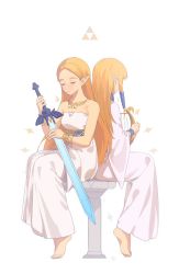 Rule 34 | 2girls, back-to-back, bare shoulders, barefoot, blush, bracelet, breasts, crack, dress, dual persona, closed eyes, full body, hair ribbon, harp, highres, holding, holding instrument, holding sword, holding weapon, instrument, jewelry, long hair, long sleeves, multiple girls, necklace, nintendo, pointy ears, princess zelda, ribbon, sidelocks, simple background, sitting, strapless, strapless dress, sword, the legend of zelda, the legend of zelda: breath of the wild, the legend of zelda: skyward sword, tress ribbon, triangle, very long hair, weapon, werlosk, white background, wide sleeves