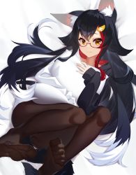 Rule 34 | 1girl, absurdres, animal ear fluff, animal ears, asymmetrical sleeves, black hair, brown eyes, brown pantyhose, closed mouth, commentary request, feet, glasses, highres, hololive, hood, hood down, long hair, long sleeves, looking at viewer, lying, mismatched sleeves, multicolored hair, ninsaki (9saki), no shoes, hugging object, on back, ookami mio, ookami mio (casual), pantyhose, pillow, pillow hug, red hair, semi-rimless eyewear, sleeves past wrists, solo, streaked hair, tail, very long hair, virtual youtuber, white hair, wolf ears, wolf girl, wolf tail