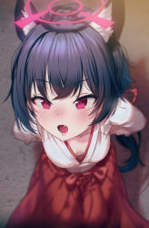 Rule 34 | absurdres, animal ear fluff, animal ears, arms behind back, blue archive, blue hair, blurry, blush, breasts, breasts apart, cat ears, commentary request, depth of field, downblouse, fang, hakama, highres, japanese clothes, kimono, leaning forward, lips, long hair, looking at viewer, lower teeth only, miko, nose blush, purple eyes, red hakama, serika (blue archive), serika (new year) (blue archive), shadow, shuru y, slit pupils, small breasts, solo, teeth, white kimono