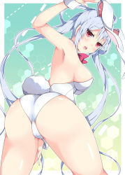 Rule 34 | 1girl, animal ears, ass, bow, bowtie, breasts, detached collar, fake animal ears, from behind, leaning forward, long hair, looking at viewer, looking back, matoi (pso2), medium breasts, milkpanda, open mouth, phantasy star, phantasy star online 2, playboy bunny, rabbit ears, rabbit tail, red eyes, solo, tail, twintails, white hair, wrist cuffs