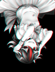 Rule 34 | 1girl, bad id, bad pixiv id, black background, bow, bracelet, breasts, chromatic aberration, cone horns, dress, fangs, fingernails, half-closed eye, hands on own head, highres, horns, jewelry, kijin seija, long hair, looking at viewer, monochrome, multicolored hair, nail polish, open mouth, red eyes, red hair, red nails, sharp fingernails, sheya, short sleeves, small breasts, solo, spot color, streaked hair, teeth, tongue, touhou, uneven eyes, upside-down