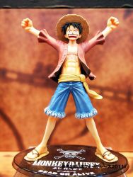 Rule 34 | 1boy, abs, black hair, figure, hat, jolly roger, male focus, monkey d. luffy, one piece, open clothes, open shirt, outstretched arms, photo (medium), pirate, red shirt, sandals, sash, scar, shirt, shorts, smile, solo, spread arms, standing, straw hat