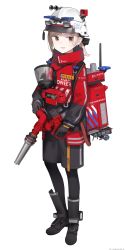 Rule 34 | 1girl, astg, backpack, bag, black bow, black footwear, black gloves, black pantyhose, black shorts, blush, boots, bow, brown eyes, commentary, fire truck, firefighter, firefighter jacket, full body, gloves, hair bow, helmet, highres, holding, jacket, light brown hair, long hair, long sleeves, looking at viewer, motor vehicle, open mouth, original, pantyhose, red jacket, short shorts, shorts, simple background, solo, standing, trigger discipline, truck, watermark, web address, white background