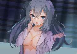Rule 34 | 1girl, absurdres, aqua eyes, aqua hair, blush, breasts, cleavage, coat, collarbone, commentary request, crossed bangs, curtains, eyelashes, eyes visible through hair, hair between eyes, hands up, highres, holding, indoors, lab coat, large breasts, long hair, long sleeves, looking at viewer, megumu (dhpc8573), midriff, mimikaki, naked labcoat, night, one side up, open clothes, open coat, open mouth, riddle joker, shikibe mayu, sidelocks, smile, solo, tsurime, upper body, upturned eyes