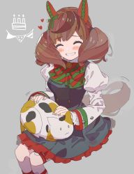 Rule 34 | 1girl, ^ ^, animal, animal ears, animal on lap, birthday cake, black dress, blush stickers, bow, bowtie, breasts, brown hair, cake, cat, closed eyes, commentary, dress, ear covers, feet out of frame, food, grey background, grin, heart, highres, horse ears, horse girl, horse tail, invisible chair, juliet sleeves, long sleeves, motion lines, nice nature (umamusume), oda ya ka, on lap, puffy sleeves, simple background, sitting, small breasts, smile, solo, striped bow, striped bowtie, striped clothes, symbol-only commentary, tail, teeth, twintails, umamusume
