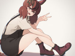 Rule 34 | 1girl, animal ears, bare legs, boots, brown hair, commentary, cross-laced footwear, english commentary, green ribbon, grey background, highres, horse ears, horse girl, horse tail, knees up, lace-up boots, leaning forward, long hair, looking at viewer, looking to the side, nice nature (umamusume), nsb36046 (na), open mouth, overalls, red footwear, resolution mismatch, ribbon, shadow, shirt, short twintails, simple background, sitting, smile, socks, solo, source smaller, tail, twintails, umamusume, upper body, v, white shirt, yellow eyes