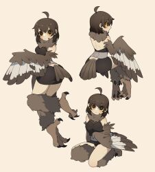 Rule 34 | 1girl, absurdres, ahoge, bare back, bare shoulders, bird legs, bird tail, black eyes, black skirt, blush, breasts, brown feathers, brown hair, brown wings, colored sclera, commentary, english commentary, feathers, gomulgong, grey feathers, harpy, highres, looking at viewer, medium hair, miniskirt, monster girl, multiple views, orange sclera, original, owl girl, owl girl (gomulgong), skirt, sleeveless, small breasts, tail, talons, winged arms, wings