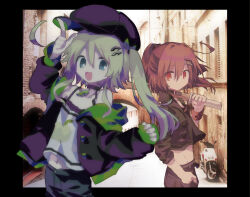 Rule 34 | 2girls, aqua eyes, arm up, black headwear, black jacket, black pants, bow, camisole, closed mouth, cropped jacket, flat chest, green bow, hair between eyes, hair bow, hand in pocket, hat, jacket, light green hair, long hair, long sleeves, multiple girls, navel, open clothes, open jacket, open mouth, original, pants, red eyes, red hair, side ponytail, smile, usagi nui, white camisole