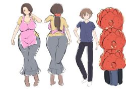 Rule 34 | 1boy, 1girl, apron, ass, breasts, brown hair, character sheet, concept art, curvy, housewife, large breasts, long skirt, mature female, multiple views, ponytail, skirt, yottan