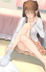 Rule 34 | 1girl, absurdres, bedroom, black ribbon, blouse, blush, brown eyes, brown hair, cellphone, character request, commentary request, copyright request, embarrassed, flip phone, hair ribbon, highres, holding, holding phone, indoors, jacket, jewelry, layered skirt, long hair, long sleeves, looking down, miniskirt, necklace, no shoes, pallad, panties, pantyshot, phone, pink shirt, removing legwear, ribbon, shirt, sidelocks, sitting, skirt, socks, solo, two side up, underwear, white album (series), white album 2, white jacket, white panties, white socks, yellow skirt