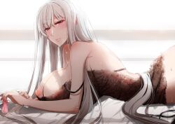 Rule 34 | 1girl, albino, bare shoulders, bed sheet, blush, breasts, cleavage, condom, from side, kimura shiki, large breasts, long hair, looking at viewer, lying, nightgown, nipples, on stomach, pale skin, red eyes, selvaria bles, senjou no valkyria, senjou no valkyria (series), senjou no valkyria 1, sweat, used condom, verylong hair, white hair