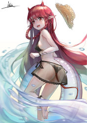 Rule 34 | 1girl, absurdres, ankle cuffs, arknights, ass, bare arms, bare legs, bare shoulders, barefoot, bikini, bikini skirt, black bikini, braid, breasts, fang, feet out of frame, hat, highres, hongshao tang gua, horns, innertube, long hair, looking at viewer, miniskirt, official alternate costume, open mouth, pointy ears, red eyes, red hair, see-through, see-through skirt, signature, simple background, skirt, small breasts, solo, standing, standing on one leg, sun hat, swim ring, swimsuit, tail, thighs, twin braids, unworn hat, unworn headwear, v-shaped eyebrows, very long hair, vigna (arknights), vigna (casual vacation) (arknights), water, white background