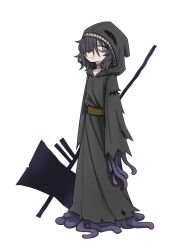 Rule 34 | 1girl, asymmetrical bangs, axe, battle axe, black hair, black robe, black souls, closed mouth, full body, hair over one eye, highres, holding, holding axe, holding weapon, hooded robe, looking at viewer, meryphilia (black souls), rabbit king, robe, short hair, simple background, solo, tentacle clothes, torn clothes, weapon, white background