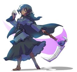 Rule 34 | 1girl, age regression, aged down, black hair, blush, boots, breasts, cape, cloak, closed mouth, corset, dark-skinned female, dark skin, different shadow, dress, full body, grey eyes, hand up, happy, highres, holding, holding mask, holding scythe, holding sickle, holding weapon, hood, hood down, iesupa, jewelry, long sleeves, looking at viewer, looking back, maria calavera, mask, unworn mask, medium breasts, multicolored hair, necklace, outstretched arm, rwby, scythe, shadow, short hair, sickle, skull, skull mask, smile, solo, standing, streaked hair, weapon, white background