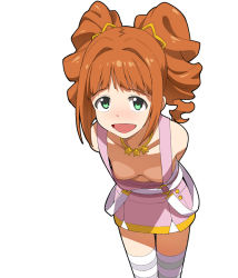 Rule 34 | 1girl, a1 (initial-g), arms behind back, belt, breasts, brown hair, downblouse, extended downblouse, green eyes, hair ornament, idolmaster, idolmaster (classic), leaning forward, miniskirt, nipple slip, nipples, no bra, open mouth, simple background, skirt, small breasts, smile, solo, striped clothes, striped thighhighs, suspenders, takatsuki yayoi, thighhighs, twintails, white background