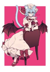 Rule 34 | 1girl, absurdres, animal ears, bat wings, blue hair, cat ears, cat tail, closed mouth, dress, fingernails, hair between eyes, hat, hat ribbon, high heels, highres, himadera, light blue hair, long fingernails, looking at viewer, medium hair, mob cap, pink dress, pink hat, red background, red eyes, red footwear, red nails, red ribbon, remilia scarlet, ribbon, short sleeves, simple background, sitting, solo, tail, touhou, twitter username, wings, wrist cuffs