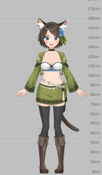 Rule 34 | 1girl, :d, aina (mao lian), animal ear fluff, animal ears, arms at sides, black choker, black thighhighs, blue eyes, blue flower, blush, breasts, brown footwear, brown hair, cat ears, cat tail, choker, cropped jacket, cross-laced footwear, flower, fold-over boots, green jacket, green skirt, hair flower, hair ornament, height chart, highres, jacket, long sleeves, looking at viewer, mao lian (nekokao), medium breasts, midriff, miniskirt, navel, open clothes, open jacket, open mouth, original, pigeon-toed, short hair, skirt, smile, solo, standing, tail, thigh strap, thighhighs, zettai ryouiki