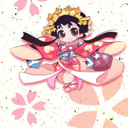 Rule 34 | anmitsuhime, anmitsuhime (character), black hair, blush, brown eyes, character request, hair ornament, japanese clothes, kimono, petals, sandals, smile, solo, usoneko