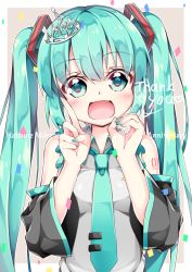 Rule 34 | 00s, 1girl, :d, anniversary, aqua eyes, aqua hair, aqua nails, aqua necktie, black sleeves, blush, character name, collared shirt, commentary request, confetti, detached sleeves, fingernails, frilled shirt, frills, grey shirt, hair between eyes, hair ornament, hatsune miku, head tilt, heart, highres, index finger raised, inumine aya, long hair, long sleeves, looking at viewer, matching hair/eyes, nail polish, necktie, open mouth, shirt, sidelocks, sleeveless, sleeveless shirt, smile, solo, standing, thank you, treble clef, twintails, very long hair, vocaloid, wide sleeves