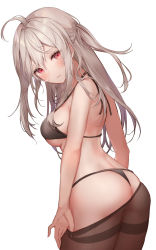 Rule 34 | 1girl, ahoge, ass, black bra, black panties, bra, breasts, brown pantyhose, closed mouth, clothes pull, from behind, highres, long hair, looking at viewer, looking back, medium breasts, messy hair, metatarou, original, panties, pantyhose, pantyhose pull, pulled by self, red eyes, silver hair, simple background, solo, string bra, string panties, thighband pantyhose, thong, underwear, white background