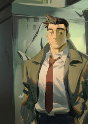 Rule 34 | 1boy, absurdres, ace attorney, black eyes, black hair, brown jacket, cloud rad, dick gumshoe, facial hair, hands in pockets, highres, jacket, looking at viewer, male focus, necktie, red necktie, short hair, sketch, solo, stubble, thick eyebrows