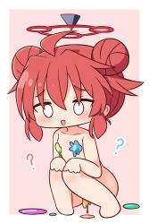 Rule 34 | 1girl, :d, ?, absurdres, ahoge, barefoot, blank eyes, blue archive, blush, bodypaint, breasts, chibi, collarbone, double bun, full body, hair between eyes, hair bun, halo, hana kazari, hands on own knees, highres, knees together feet apart, knees up, maki (blue archive), naked paint, open mouth, paint splatter, pink background, red hair, sidelocks, small breasts, smile, solo, squatting, two-tone background, white background