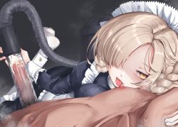 Rule 34 | 1boy, 1girl, absurdres, apron, azur lane, blonde hair, blush, braid, breast press, breasts, censored, clenched teeth, clothed female nude male, collar, cum, dress, ejaculation, erection, femdom, forehead, frilled apron, frills, hair over one eye, hetero, highres, holding, licking, licking nipple, long sleeves, looking at viewer, maid, maid headdress, male pubic hair, metal collar, mizuno tera, mosaic censoring, nipple stimulation, no shoes, nude, orange eyes, orgasm, penis, penis milking, pov, pubic hair, shaded face, sheffield (azur lane), short hair, smile, soles, sweat, teeth, tongue, tongue out, transparent, tube, vacuum cleaner, white apron, white legwear