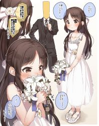 Rule 34 | 1boy, 1girl, 1other, bare arms, bare shoulders, black jacket, black neckwear, black pants, blush, bouquet, bow, closed mouth, collarbone, collared shirt, covered mouth, dress, flower, formal, hair bow, hair flower, hair ornament, highres, holding, holding bouquet, idolmaster, idolmaster cinderella girls, jacket, long hair, mary janes, necktie, p-head producer, pants, producer (idolmaster), rose, see-through, shirt, shoes, sleeveless, sleeveless dress, suit, tachibana arisu, translation request, very long hair, wedding dress, white bow, white dress, white flower, white footwear, white rose, white shirt, yukie (kusaka shi)