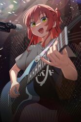 Rule 34 | 1girl, absurdres, black shirt, bocchi the rock!, electric guitar, gibson les paul, green eyes, guitar, hair between eyes, highres, holding, holding instrument, instrument, jiki (gkdlfnzo1245), kita ikuyo, long hair, microphone, music, one side up, open mouth, playing instrument, red hair, shirt, short sleeves, solo, sweat