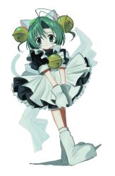 Rule 34 | 1girl, animal hat, antenna hair, apron, bell, black dress, cat hat, closed mouth, dejiko, di gi charat, dress, full body, green eyes, green hair, hat, highres, jingle bell, looking at viewer, maid apron, mittens, paw shoes, pepeppepe101, simple background, solo, tail, white apron, white background, white footwear, white mittens