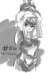 Rule 34 | 1girl, 2012, arms up, bdsm, bondage, bound, bound arms, breasts, chain, dated, greyscale, hood, image sample, junkpuyo, large breasts, md5 mismatch, midriff, monochrome, navel, odin sphere, resized, solo, tumblr sample, velvet (odin sphere)