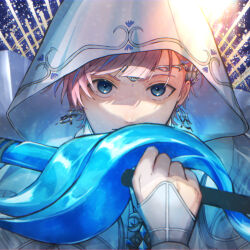 Rule 34 | 1boy, a3!, absurdres, asuka haruto, blue background, blue eyes, blue hair, cloak, closed mouth, earrings, gauntlets, highres, holding, holding sword, holding weapon, hood, hood up, jewelry, looking at viewer, male focus, multicolored background, multicolored hair, ojou (morimorimono), pink hair, short hair, solo, sword, weapon, white cloak, yellow background