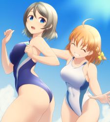Rule 34 | 2girls, ahoge, ass, black one-piece swimsuit, blue eyes, blue sky, braid, breasts, cloud, commentary request, commission, competition swimsuit, cowboy shot, grey hair, highres, love live!, love live! sunshine!!, medium breasts, multiple girls, one-piece swimsuit, orange hair, pataneet, pixiv commission, red eyes, ribbon, short hair, side braid, sky, swimsuit, takami chika, watanabe you, white one-piece swimsuit, yellow ribbon
