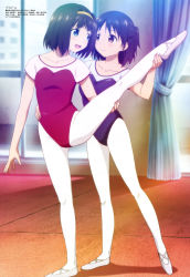 Rule 34 | 2girls, :d, absurdres, aono atsushi, arm at side, assisted stretching, athletic leotard, ballerina, ballet, ballet slippers, black hair, blue eyes, building, closed mouth, collarbone, curtains, gekidol, green eyes, hairband, hand on another&#039;s waist, highres, holding another&#039;s leg, indoors, kagami airi, leg up, leotard, looking at another, magazine scan, megami magazine, morino seria, multiple girls, official art, open mouth, pantyhose, purple eyes, scan, short sleeves, smile, standing, white footwear, window, yuri