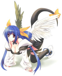 Rule 34 | 1girl, all fours, arc system works, asymmetrical wings, bent over, blue hair, boots, bow, breasts, cleavage, dizzy (guilty gear), guilty gear, hair bow, large breasts, long hair, ribbon, simple background, solo, tail, tail ornament, tail ribbon, thighhighs, twintails, very long hair, white background, wings