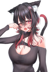 Rule 34 | 1girl, animal ear fluff, animal ears, black hair, blush, breasts, cat ears, cat tail, cleavage cutout, clothing cutout, colored tips, dress, fang, highres, jewelry, large breasts, match (scp115), multicolored hair, necklace, one eye closed, open mouth, original, red eyes, ribbed dress, streaked hair, tail