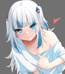 Rule 34 | 1girl, blue eyes, blue hair, breasts, clothes pull, gawr gura, grey background, grin, h2o (ddks2923), hair ornament, heart, highres, hololive, hololive english, long hair, looking at viewer, multicolored hair, off shoulder, shark hair ornament, sharp teeth, shirt, shirt pull, short sleeves, simple background, small breasts, smile, streaked hair, teeth, upper body, virtual youtuber, white hair, white shirt