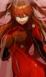 Rule 34 | 1girl, blue eyes, breasts, brown hair, closed mouth, commentary request, curvy, hair between eyes, long hair, looking at viewer, medium breasts, moth1, neon genesis evangelion, plugsuit, shiny clothes, solo, souryuu asuka langley, two side up