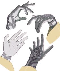 Rule 34 | arknights, chong yue (arknights), commentary request, disembodied hand, hand focus, hand tattoo, jjeobjjeobdogta (wjqwjqehrxk), korean commentary, long sleeves, simple background, tattoo, white background, wide sleeves